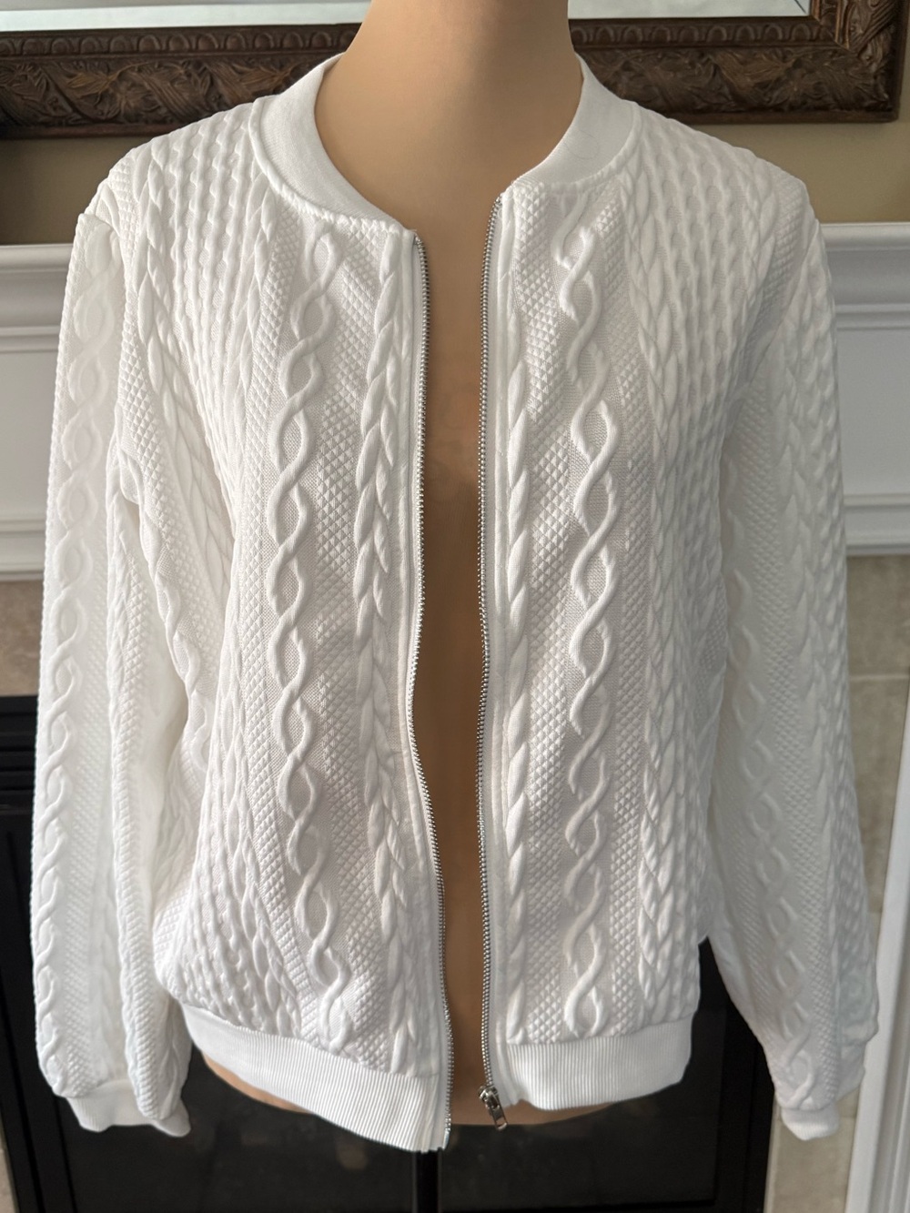 New Baseball Style Women's Zip Up Lightweight Jacket, Size L, White, Cable Knit